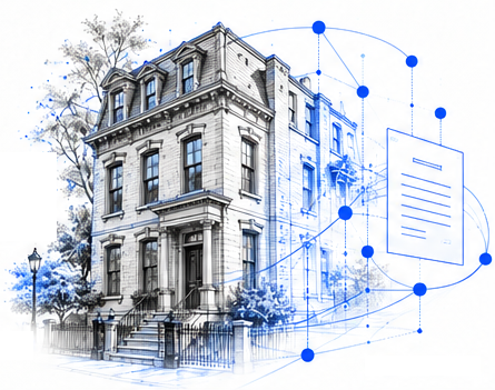 Keystone Digital Registry artwork showing a historic property connected to a digital record.